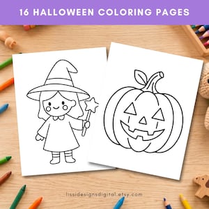 Peut inclure: Deux feuilles de papier blanc avec des dessins au trait noir à colorier. Une feuille montre un personnage portant un chapeau de sorcière et tenant une baguette étoilée. L'autre feuille affiche une citrouille d'Halloween. Texte 16 HALLOWEEN COLORING PAGES.
