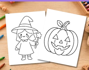 Puede incluir: Dos hojas de papel blanco con dibujos de líneas negras para colorear. Una hoja muestra un personaje con sombrero de bruja y una varita de estrella. La otra hoja muestra una calabaza de Halloween. El texto 16 HALLOWEEN COLORING PAGES es visible.