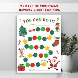 Könnte beinhalten: Ein 25-Tage-Weihnachts-Belohnungsplan für Kinder mit dem Text "YOU CAN DO IT!" und "START". Der Plan zeigt einen geschlängelten Pfad aus roten und grünen Kreisen, gelben Sternen, einem Weihnachtsbaum, einem Elf, einem Strumpf, einem Rentier und dem Weihnachtsmann.