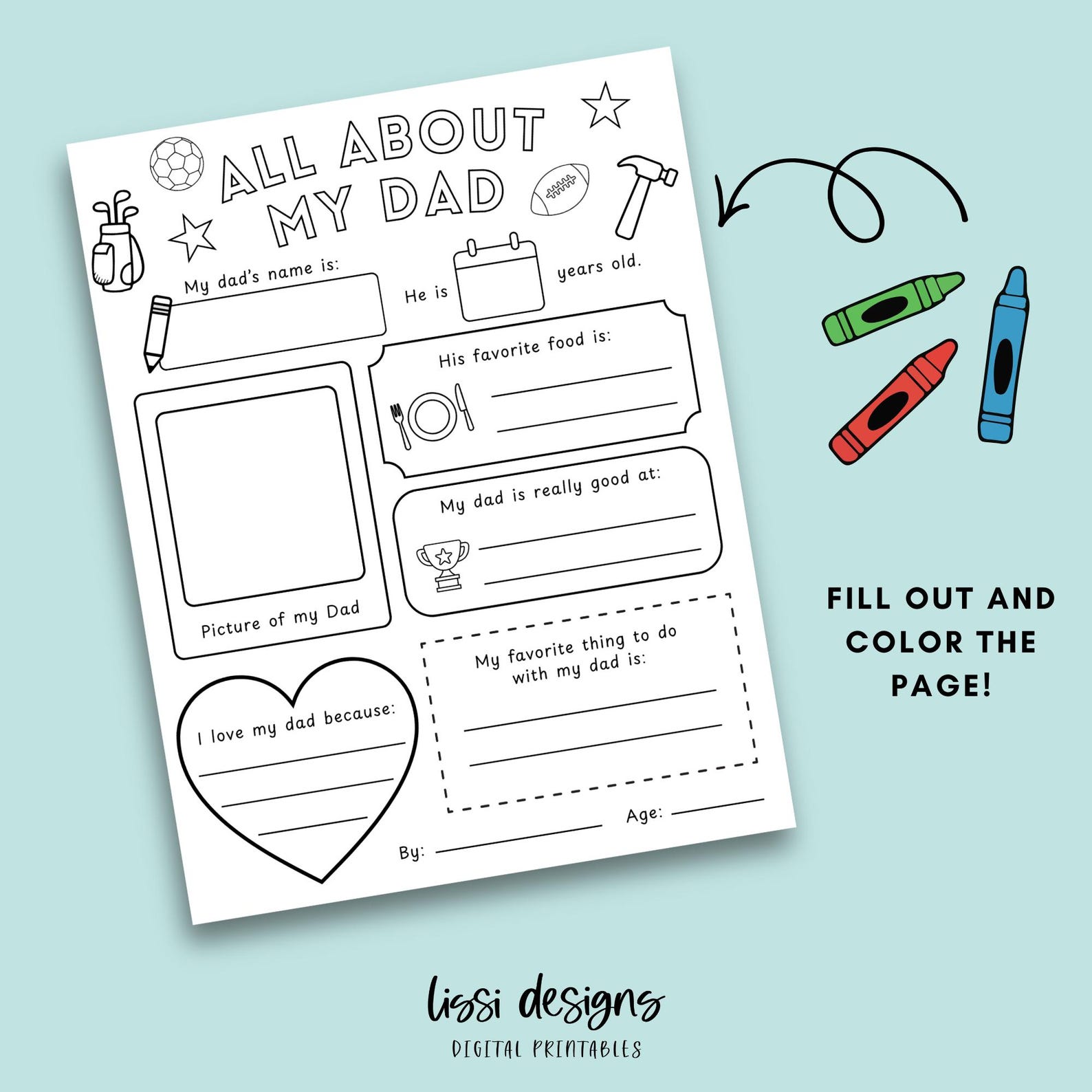 Printable All About My Dad Coloring Page: Father's Day Gift, Childs ...