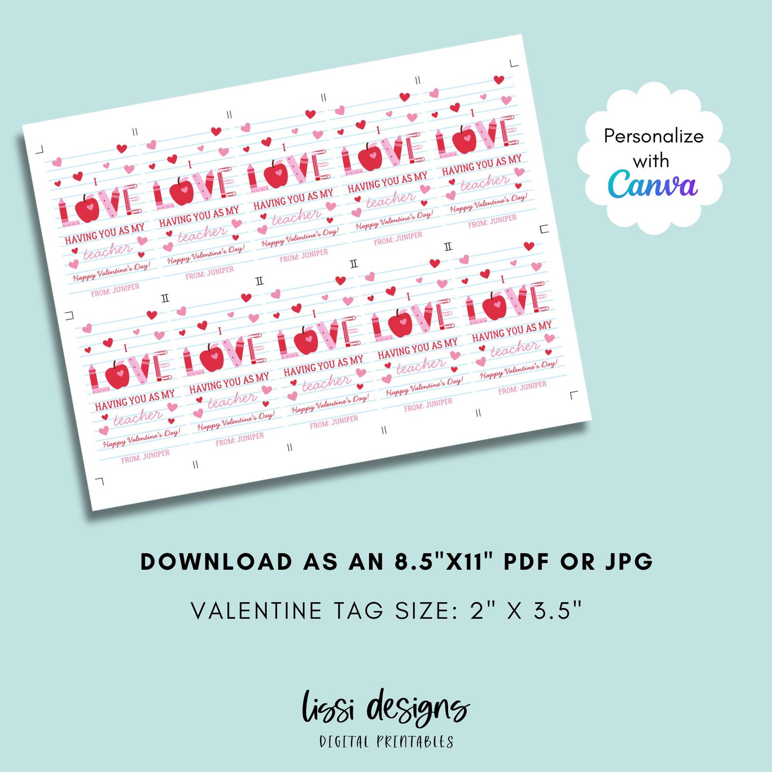 Printable Teacher Valentine Gift Tags: Personalized Valentine, Editable ...