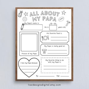 Op de afbeelding: Een zwart-wit afdrukbare "All About My Papa" vragenlijst. Het ontwerp bevat ruimtes om informatie over een vader in te vullen, met illustraties van een golfclub, een voetbal en een hamer.