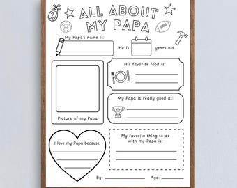 Coloriage imprimable Tout sur mon papa : cadeau papa des enfants, questionnaire imprimable pour la fête des grands-parents, feuille de travail papa