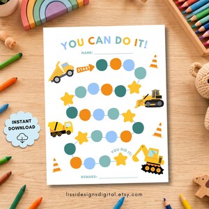 May include: A printable reward chart featuring construction vehicles, traffic cones, and a winding path of colorful circles and stars. The text reads YOU CAN DO IT!, START, YOU DID IT!, NAME:, and REWARD: with lissidesignsdigital.etsy.com at the bottom.