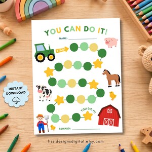 May include: A printable reward chart featuring a farm theme with a green tractor, a pig, a horse, a cow, a chick, and a red barn. The chart includes a path of circles and stars, the text YOU CAN DO IT!, NAME, YOU DID IT!, and REWARD.