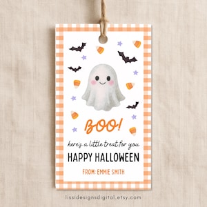 May include: A rectangular gift tag with an orange and white gingham border. The centre features a white ghost, black bats, orange candy corn, and purple stars. Text reads: BOO! here's a little treat for you HAPPY HALLOWEEN FROM: EMMIE SMITH.