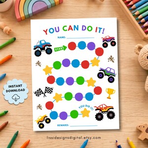 Peut inclure: Un tableau de récompenses blanc avec le texte YOU CAN DO IT! en haut, une ligne pour le nom et un chemin sinueux composé de cercles colorés et d'étoiles jaunes. Le design inclut des illustrations de monster trucks, drapeaux et trophée.