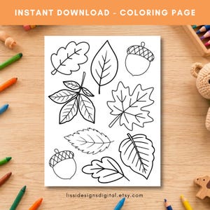 May include: A white coloring page featuring black line art illustrations of various autumn leaves and two acorns. The text at the top reads INSTANT DOWNLOAD - COLORING PAGE and the text at the bottom reads lissidesignsdigital.etsy.com.