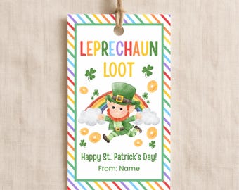 May include: A St. Patrick's Day gift tag with a colorful striped border. The tag features a leprechaun illustration with a rainbow, shamrocks, and the words "Leprechaun Loot" and "Happy St. Patrick's Day!" with space for a name.