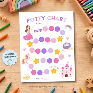 May include: A white potty chart with the text POTTY CHART, NAME, and REWARD. The chart features a path of pink and purple circles and yellow stars, decorated with a princess, a unicorn, a rainbow, a carriage, and a castle illustration.