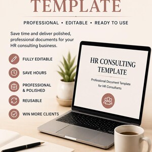 Op de afbeelding: Een digitale HR-consultancy template download met een laptop die de tekst HR CONSULTING TEMPLATE, Professional Document Template for HR Consultants weergeeft. De afbeelding bevat iconen voor volledig bewerkbaar en herbruikbaar.