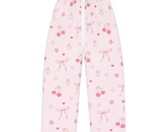 Pantalones de pijama con estampado de lazo de cereza rosa / Pantalones de estar por casa AOP