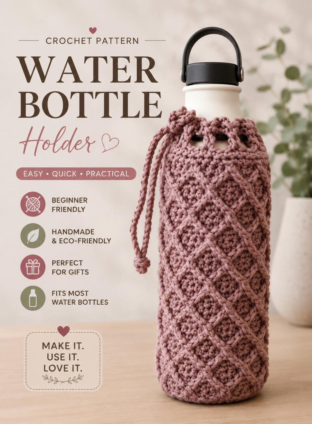 Crochet Bottle Holder PDF – Water Bottle Bag Pattern – Drawstring Cozy ...