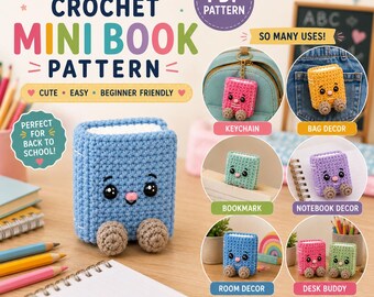 May include: A PDF download crochet mini book pattern featuring a light blue crocheted book with a smiling face and two small brown wheels. The image displays various examples of the finished project used as a keychain, bag decor, bookmark, and desk buddy.