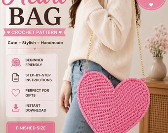 May include: A pink, heart-shaped crochet bag with a gold chain strap. The bag is approximately 16 inches wide and 14 inches tall. The image includes text that says "Heart BAG Crochet Pattern" and "PDF Pattern".