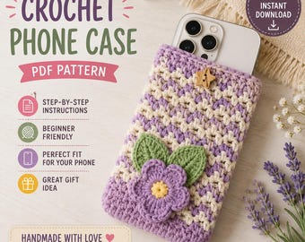 May include: A crochet phone case pattern featuring a purple and cream chevron stitch design. The case is adorned with a purple flower applique with a yellow center and two green leaves. A small wooden star-shaped button secures the top opening.