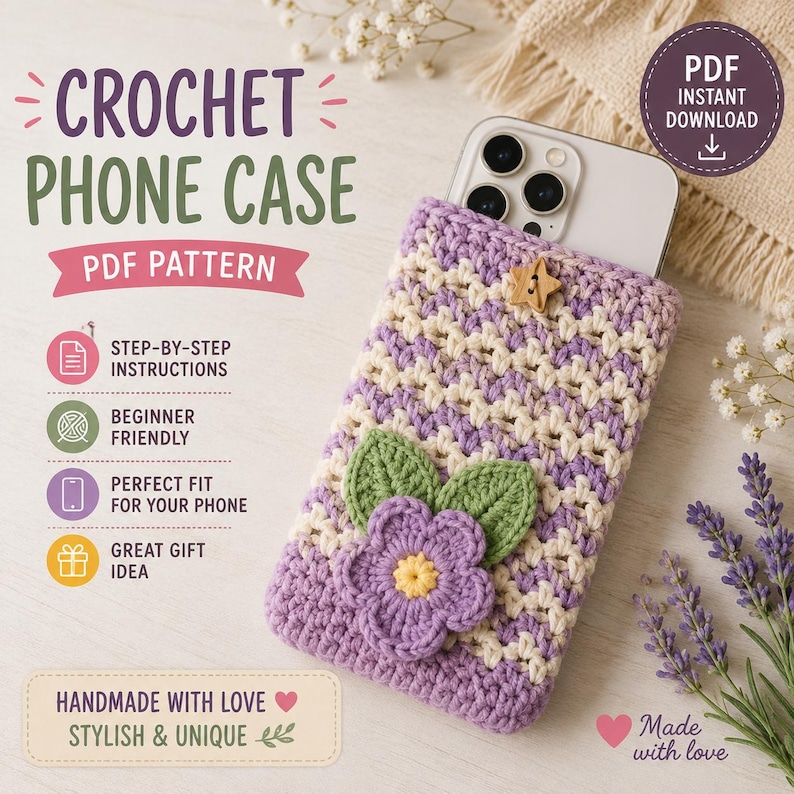 Puede incluir: Un patr&oacute;n de funda de tel&eacute;fono a ganchillo con dise&ntilde;o de espiga en color morado y crema. La funda est&aacute; decorada con una aplicaci&oacute;n de flor morada con centro amarillo y dos hojas verdes. Un peque&ntilde;o bot&oacute;n de madera en forma de estrella cierra.