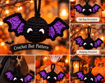 May include: A crochet bat ornament featuring a round black body, purple wing accents, and white eyes. The bat includes a loop for hanging and is shown in various uses including as a keychain charm, a gift bag decoration, and Halloween home decor.