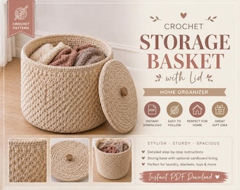 May include: A beige crochet storage basket with a lid, ideal for home organization. The basket is round and filled with folded textiles. The lid has a wooden knob. The image includes text that says "CROCHET STORAGE BASKET with Lid".