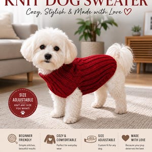 Easy Knit Dog Sweater Pattern PDF | Ribbed Dog Sweater | Adjustable Size Small Dog | DIY Pet Clothes Pattern | Beginner Friendly