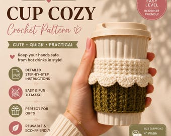 May include: A crochet pattern for a cup cozy. The image shows a white ceramic cup with a beige lid, wrapped in a handmade green and cream-colored cozy. The text on the image says "CUP COZY Crochet Pattern" and "Easy Level Beginner Friendly". The cozy is approximately 4 inches wide and 2.5 inches high.