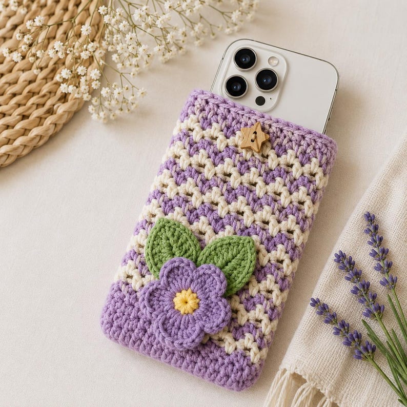Puede incluir: Una funda de ganchillo para tel&eacute;fono con un patr&oacute;n de chevr&oacute;n en color lavanda y crema. La funda est&aacute; decorada con una gran flor de ganchillo morada con centro amarillo y dos hojas verdes. Un peque&ntilde;o bot&oacute;n de madera en forma de estrella cierra.