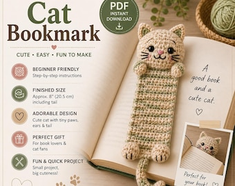 May include: A handmade crochet cat bookmark with a beige and green striped pattern. The bookmark is approximately 8 inches (20.5 cm) long, including the tail. The image includes text that says "Cat Bookmark" and "PDF Instant Download".