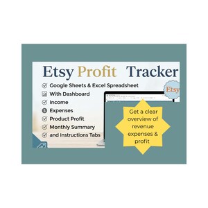 May include: An Etsy Profit Tracker graphic with the text "Etsy Profit Tracker" in blue and gold. The graphic lists features like Google Sheets, income, expenses, and product profit. A yellow starburst says "Get a clear overview of revenue expenses & profit."