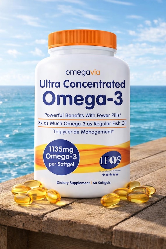 OmegaVia Omega-3 Fish Oil Mind & Body Wellness Routine, Burpless Softgels, 60 Count