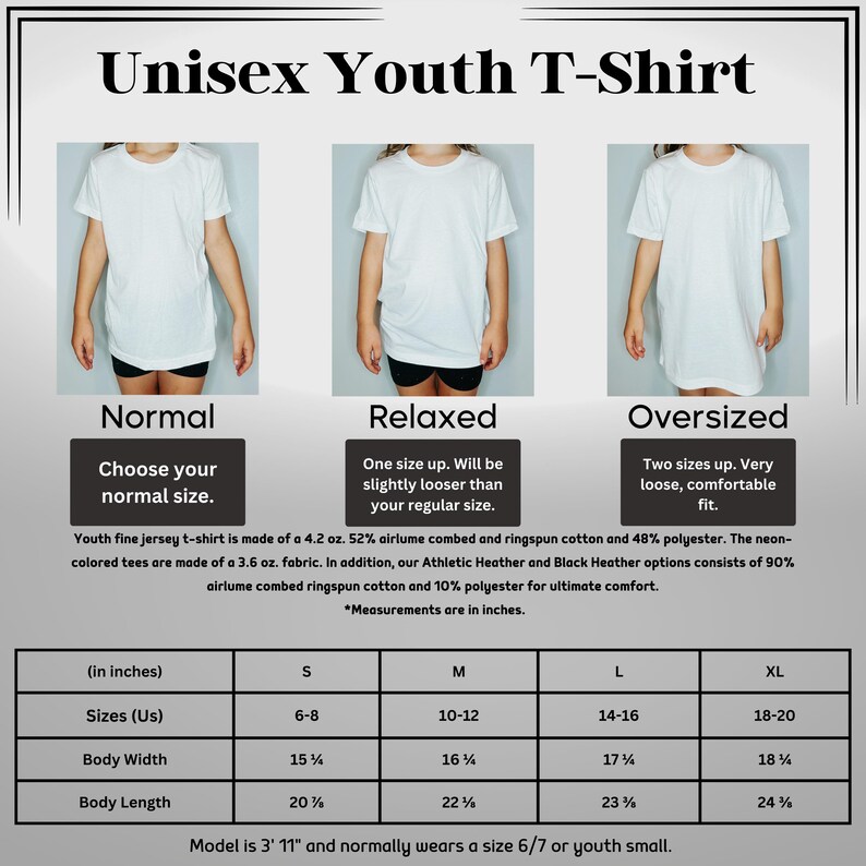 The image is a collage of three photos of a person wearing a white t-shirt, each in a different size.