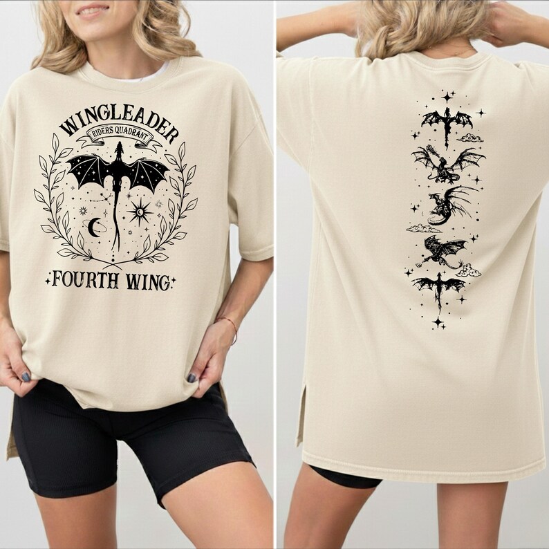 The image is a collage of two photos. In the left photo, a woman is wearing a beige t-shirt with a graphic design featuring a dragon and the text "WINGLEADER RIDERS OF RAINBOW". In the right photo, the back of the same t-shirt is visible, showing the same design and text.