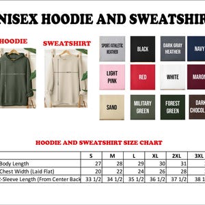 The image is a size chart for unisex hoodie and sweatshirt, displaying the measurements and corresponding sizes for different styles and colors.