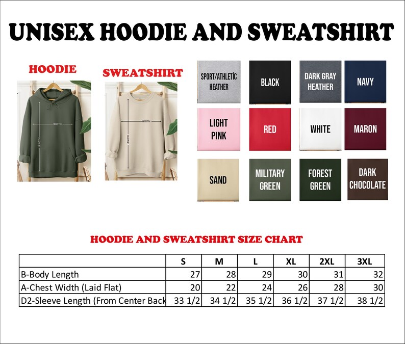 The image is a size chart for unisex hoodie and sweatshirt, displaying the measurements and corresponding sizes for different styles and colors.