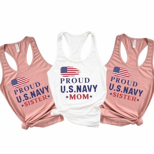 Proud US Navy Mom Tank Top, Military Family Reunion Racerback, Patriotic Women’s Wear