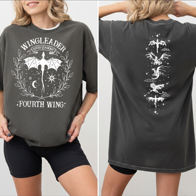 The image is a collage of two photos of a woman wearing a grey t-shirt with a graphic design featuring a dragon and the text "WINGLEADER - WINGS OF THE WING".