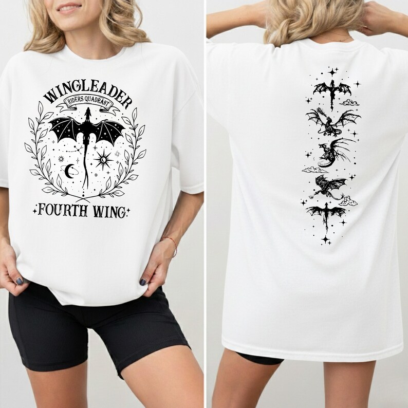 A white t-shirt with a graphic design featuring a dragon and the text "WINGLEADER" and "FOURTH WING".