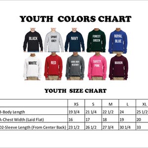 The image is a youth colors chart and youth size chart, which are both organized in a table format. The chart displays the different colors of shirts and their corresponding sizes, providing a visual representation of the available sizes for each color.