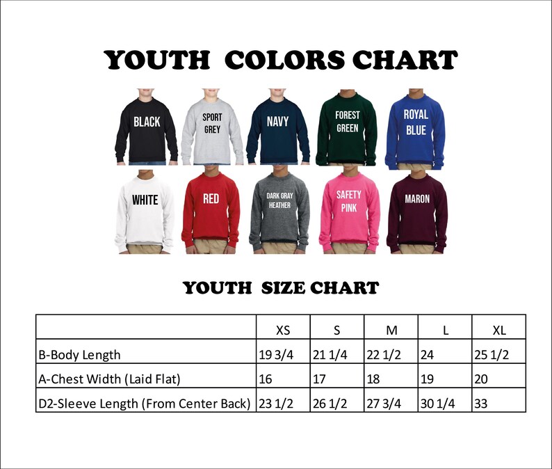 The image is a youth colors chart and youth size chart, which are both organized in a table format. The chart displays the different colors of shirts and their corresponding sizes, providing a visual representation of the available sizes for each color.