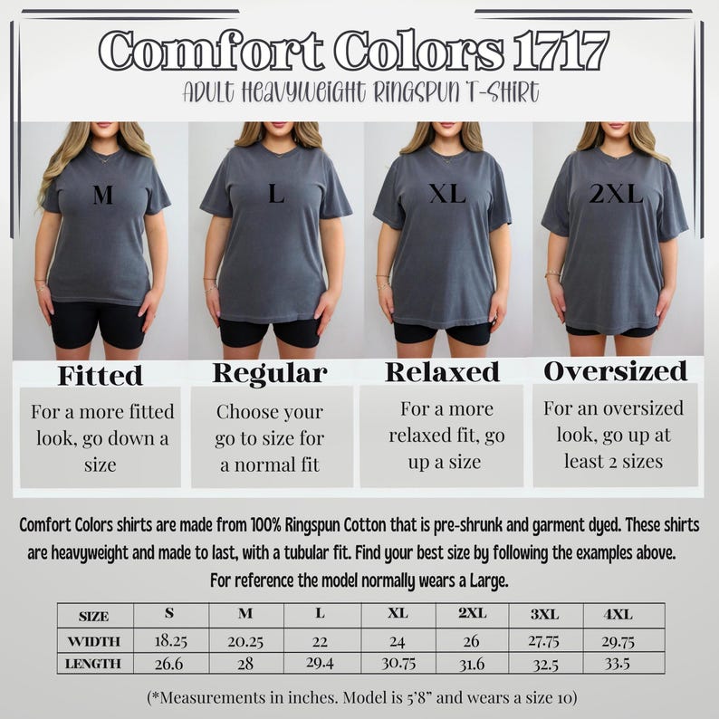 The image is a collage of four photos showing different sizes of adult t-shirts, each with a corresponding size chart and a description of the t-shirt style.