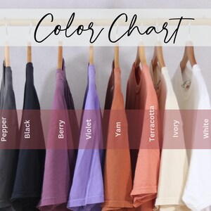 A color chart displaying various clothing items, each with a different color name, such as 'Pepper', 'Black', 'Berry', 'Yam', 'Terracotta', 'White', and 'Ivy'.