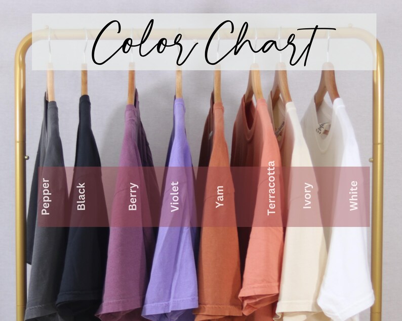 A color chart displaying various clothing items, each with a different color name, such as 'Pepper', 'Black', 'Berry', 'Yam', 'Terracotta', 'White', and 'Ivy'.