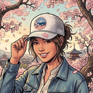 May include: Illustration of a person wearing a white trucker hat with a Mount Fuji and cherry blossom design. The person is smiling, wearing a denim jacket, and surrounded by cherry blossoms and a Japanese pagoda.