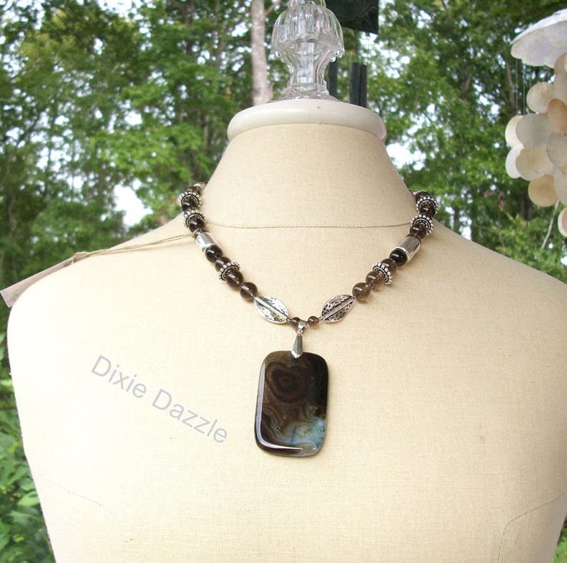 gray agate pendant necklace Smoky quartz office wear neutral colors large silver beads adjustable necklace bold necklace