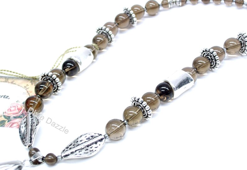 gray agate pendant necklace Smoky quartz office wear neutral colors large silver beads adjustable necklace bold necklace