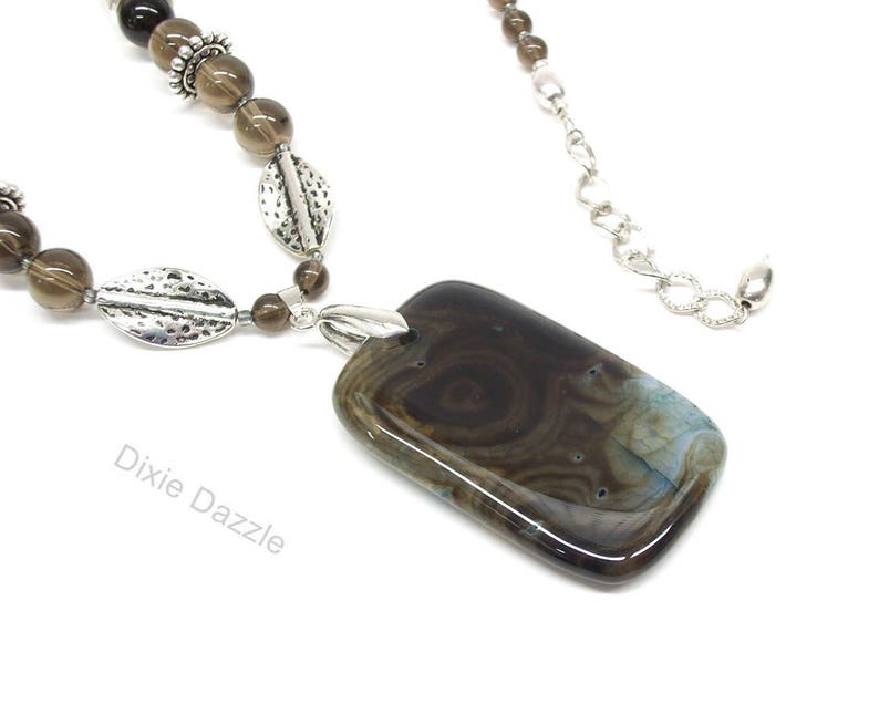 gray agate pendant necklace Smoky quartz office wear neutral colors large silver beads adjustable necklace bold necklace