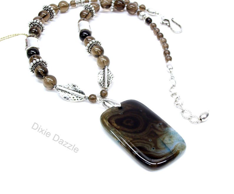 gray agate pendant necklace Smoky quartz office wear neutral colors large silver beads adjustable necklace bold necklace