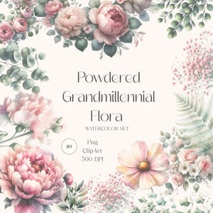 Pink Watercolor Floral Powdered Grandmillennial Clipart Bundle Roses Vintage Cottage Flowers, Frames weddings Atelier Soft Pink Nursery