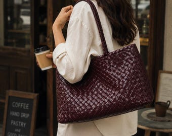 Bolso tote de cuero tejido a mano, bolso de hombro de piel de vaca auténtica, bolso de cuero tejido suave, bolso tote grande para uso diario, regalo para esposa, regalo para mamá