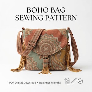 May include: A boho-style shoulder bag sewing pattern. The bag features a colorful paisley design in shades of orange, green, and gold, with a fringed edge and strap. The text "BOHO BAG SEWING PATTERN" is displayed at the top.