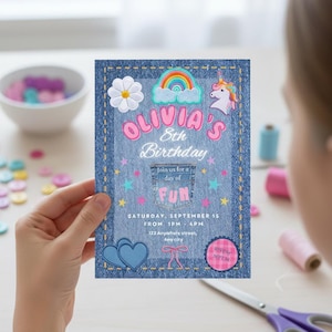 Invitación y plantilla de Evite para fiesta de cumpleaños de niña con patchwork de mezclilla, unicornio arcoíris para octavo cumpleaños, cumpleaños de niña, descarga instantánea